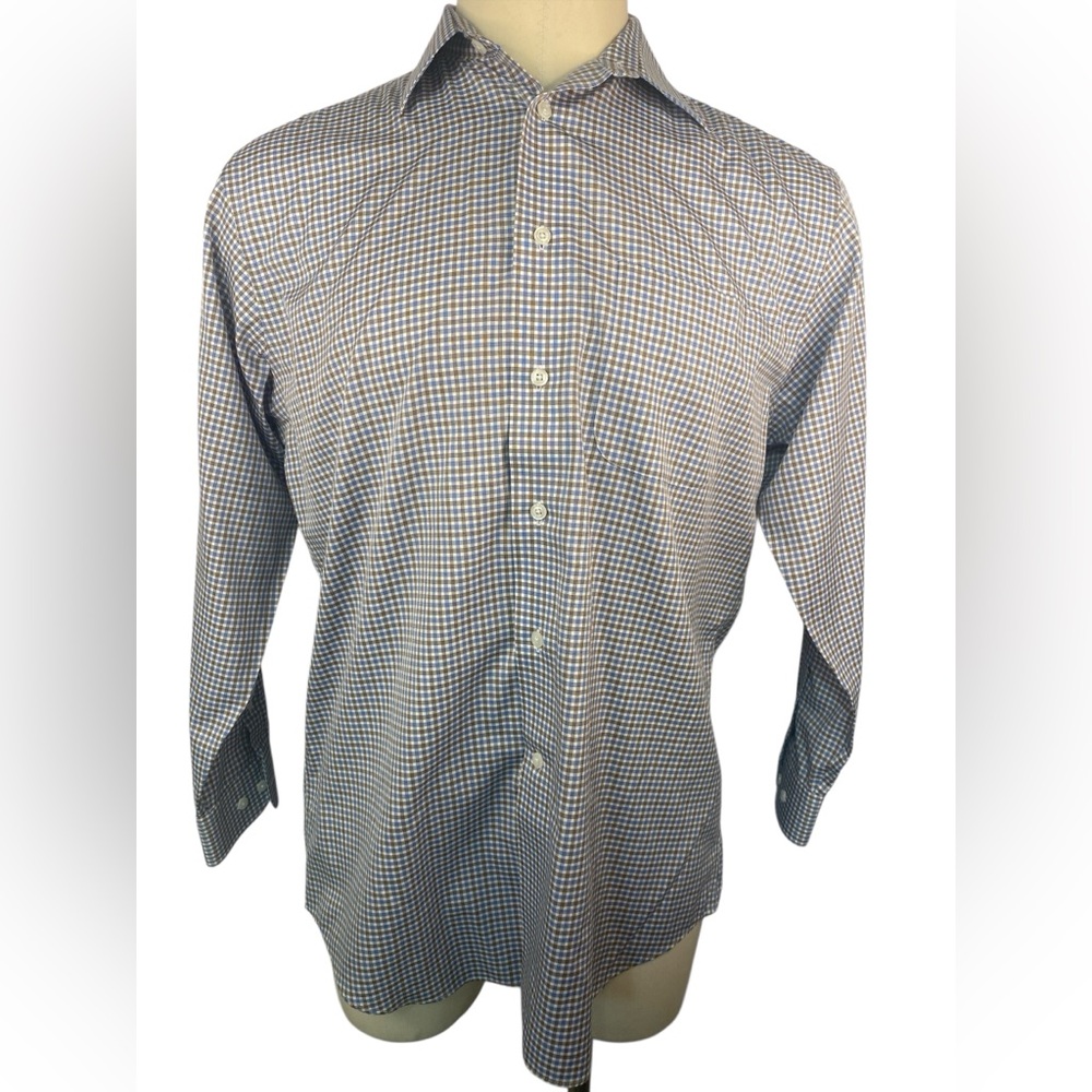 Joseph Abboud Blue and Tan Checkered Dress Shirt Men’s 16-32/33